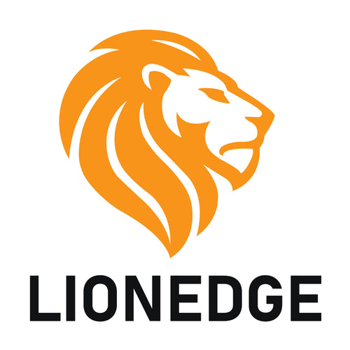 Logo of Lionedge with an orange lion head and black text on a white background